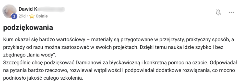 Opinia Dawida: materiały przejrzyste i praktyczne, bez lania wody, błyskawiczna i konkretna pomoc Damiana na czacie