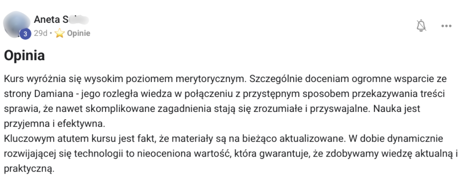 Opinia Anety: wysoki poziom merytoryczny, przystępny przekaz, materiały na bieżąco aktualizowane